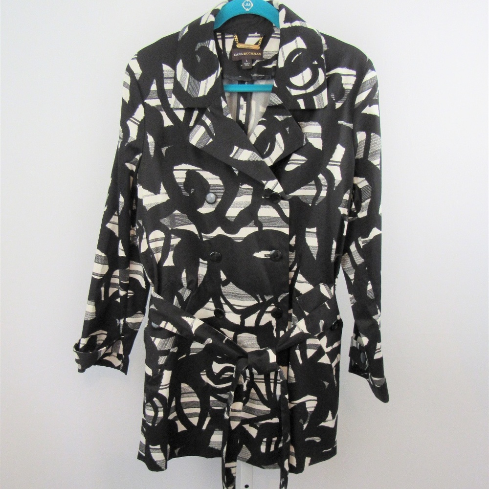 Dana Buchman Black White Rain Trench Coat L